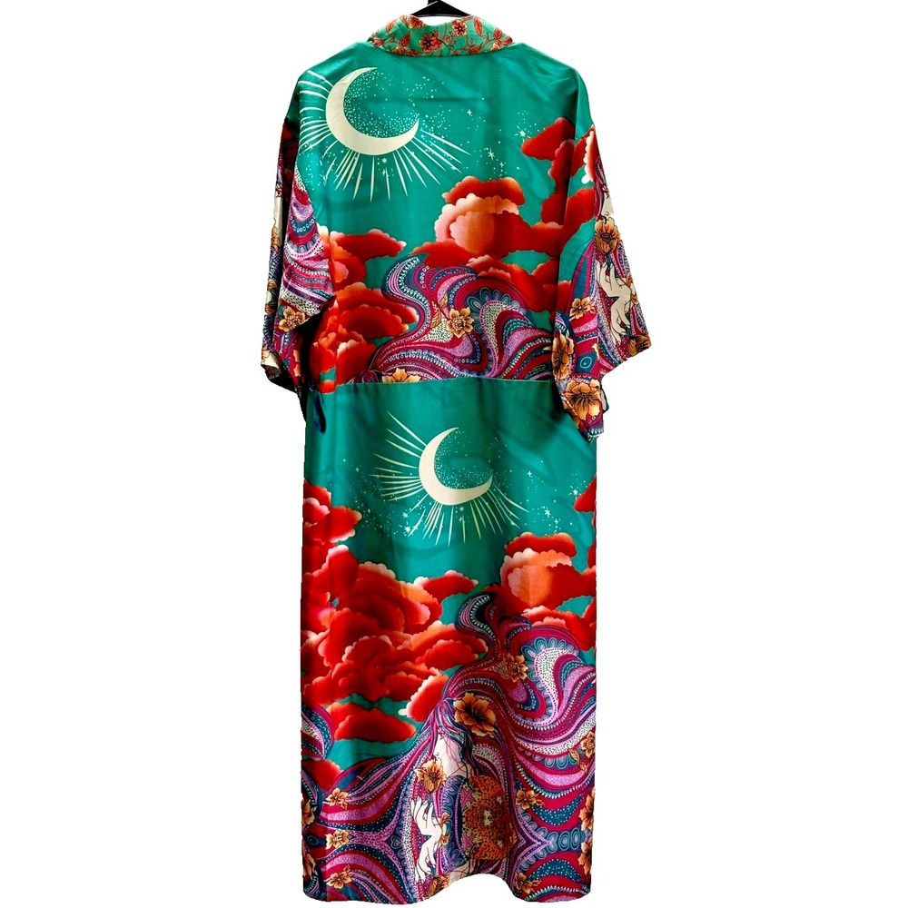 Whismy Celestial Boho Kimono Duster Turquoise Paisley Floral Open Front